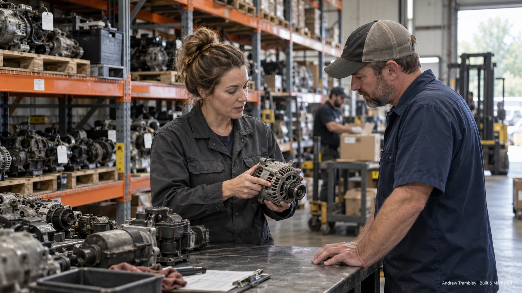 Two Road Tested Parts employees inspecting an automotive component